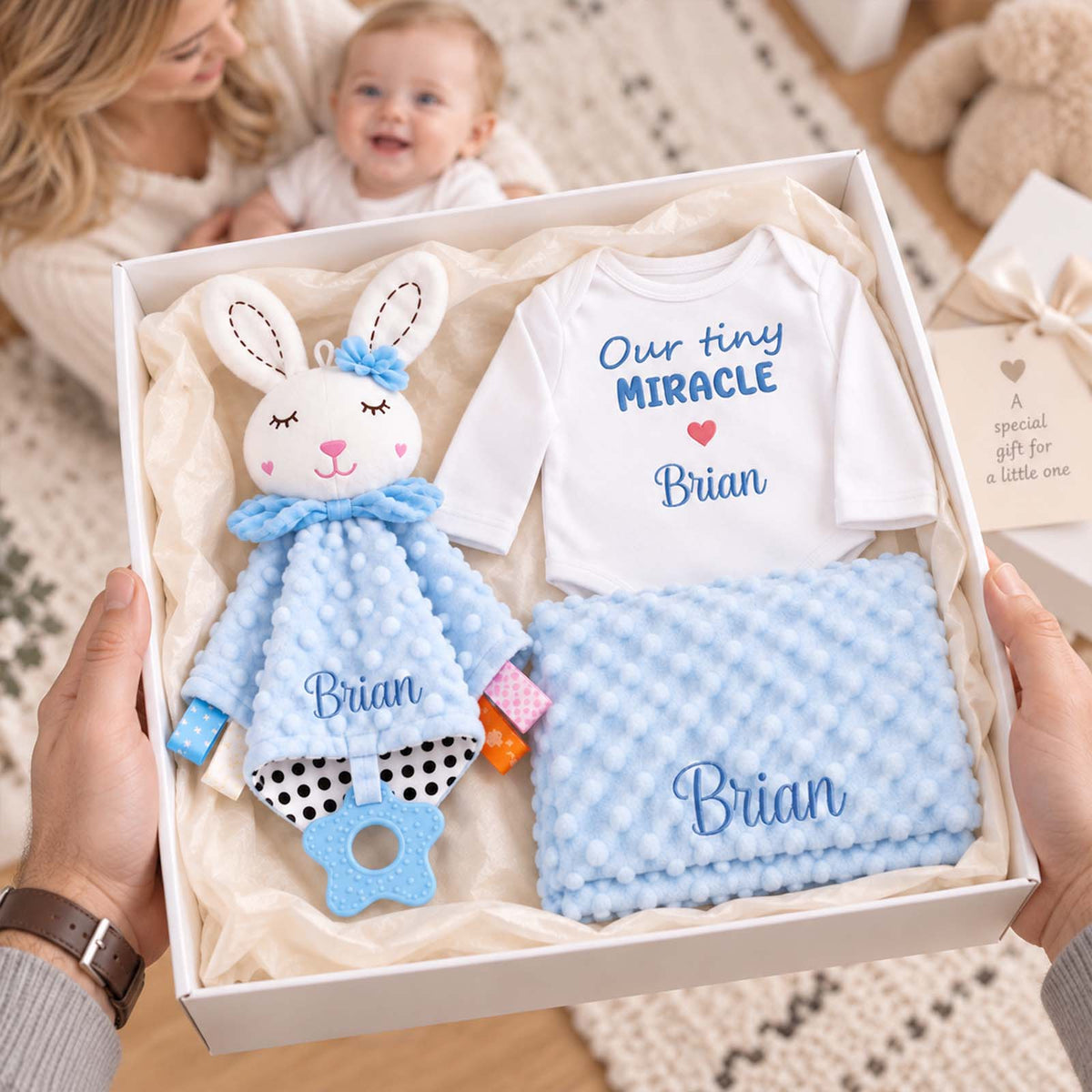 Personalized Baby Gift Set, Custom Baby Bodysuit, Bunny Lovey & Minky Blanket