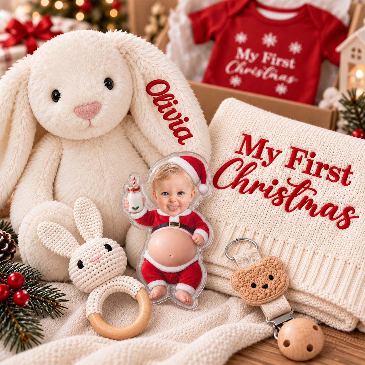Personalized Baby’s First Christmas Gift Set, Custom Christmas Bodysuit, Bunny & Keepsake Blanket