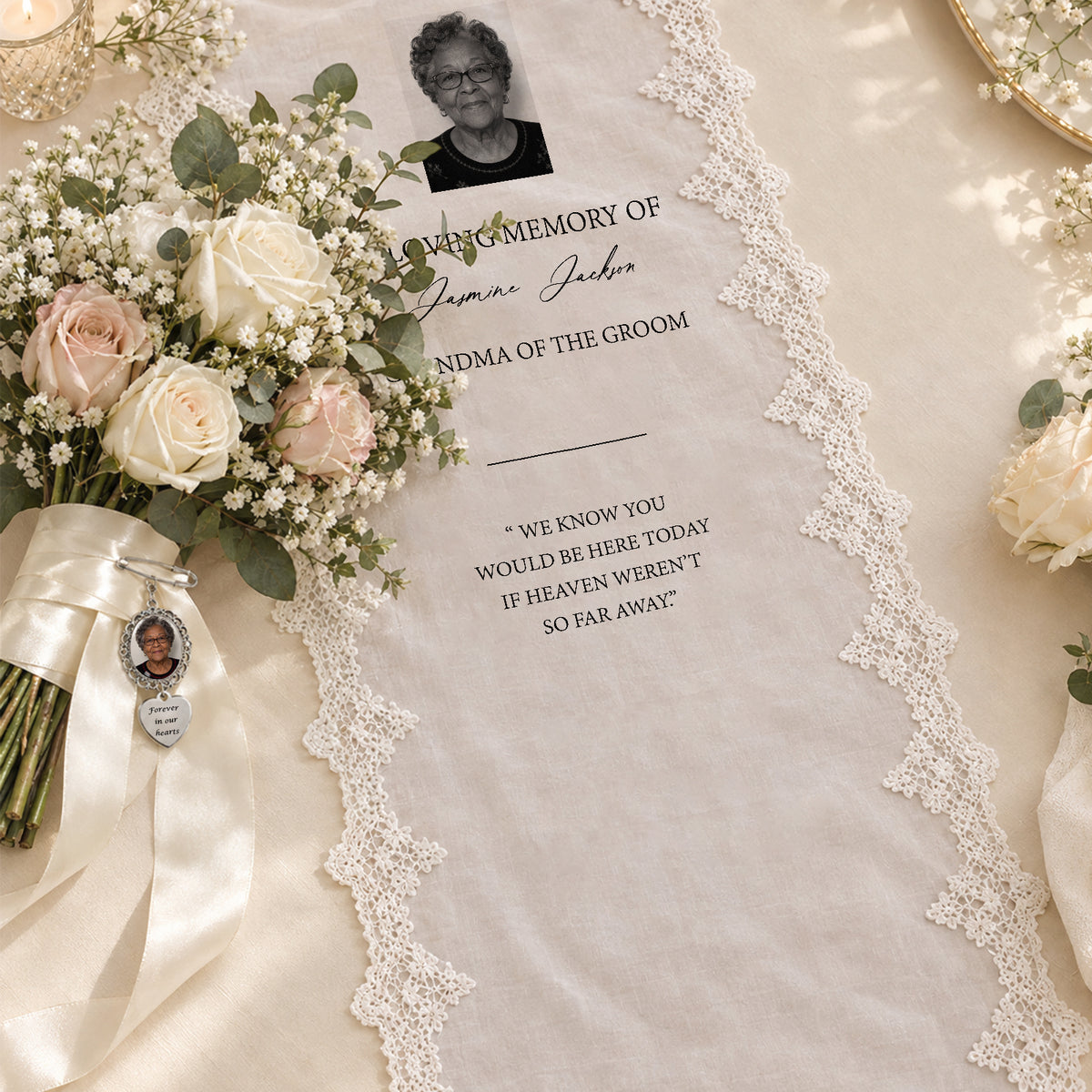 Personalized Wedding Memorial Decor, Custom Photo Pin & Lace Yarn Hanging