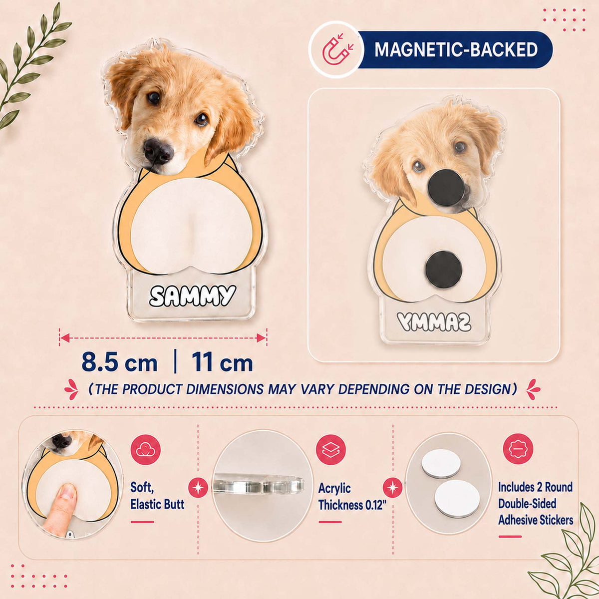 Personalized Pet Face Squishy Butt Fridge Magnet – Custom Dog & Cat Acrylic Funny Gift for Pet Lovers