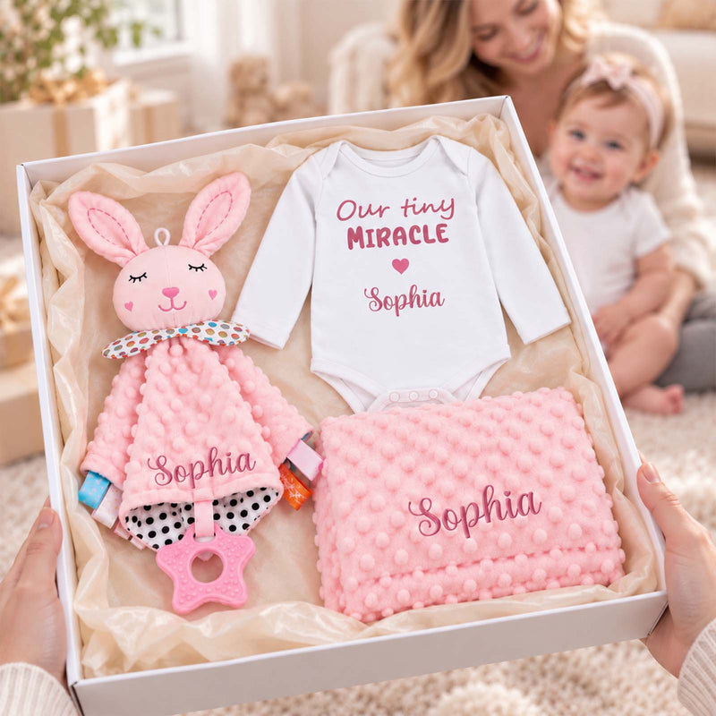 Personalized Baby Gift Set, Custom Baby Bodysuit, Bunny Lovey & Minky Blanket