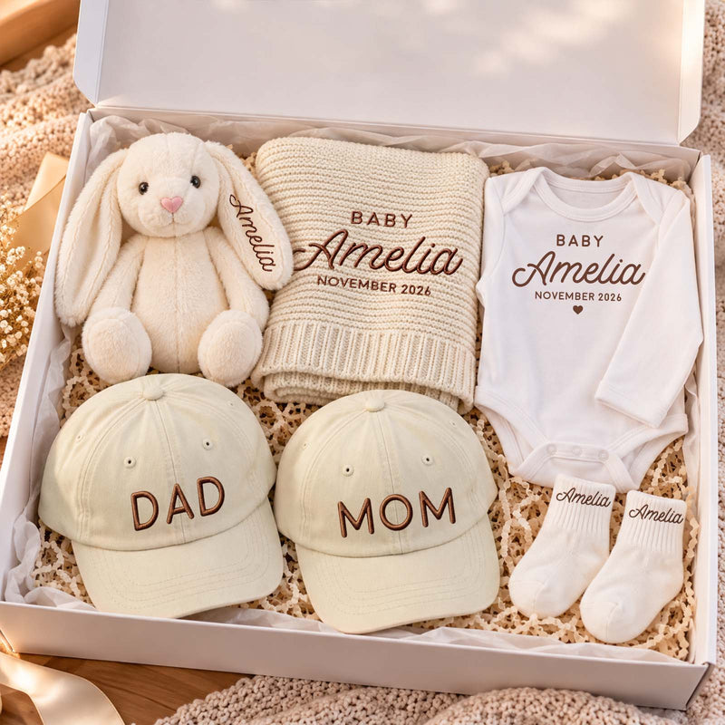 Personalized Baby Shower Gift Set, Custom Baby Bodysuit, Blanket & Mom Dad Hats