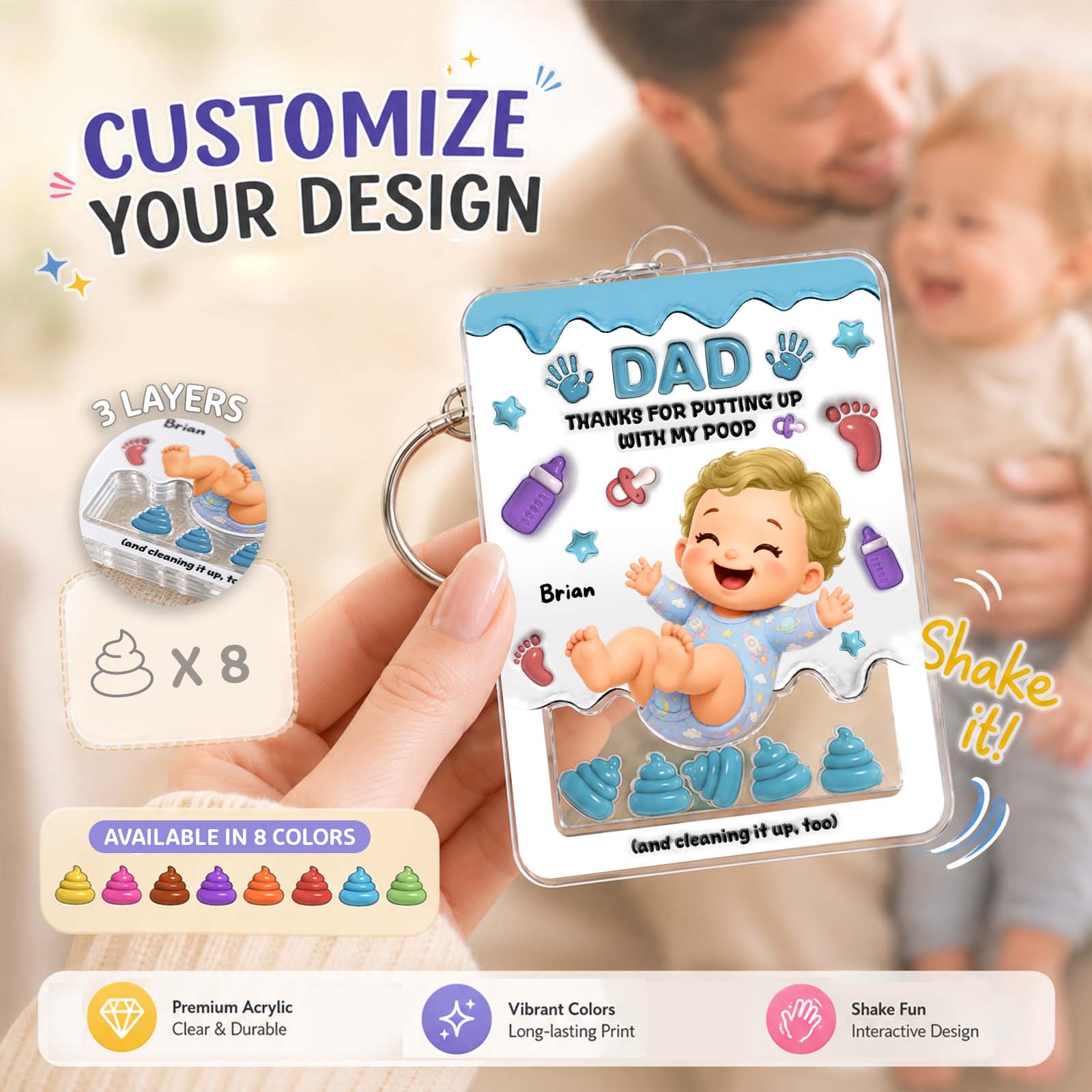 Personalized "Thanks for Putting Up With My Poop" Shaker Keychain – Custom Baby Gift for Mom & Dad