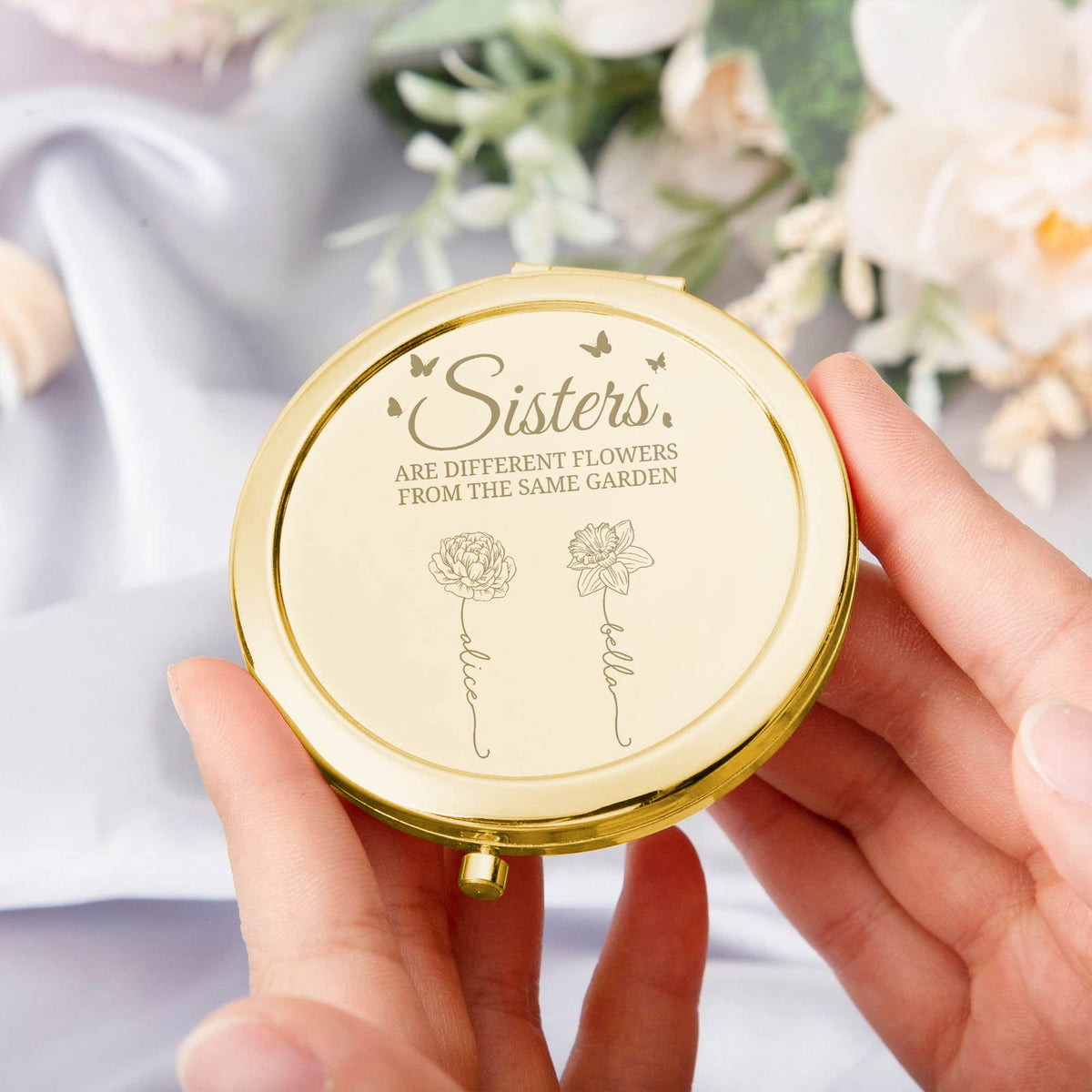 Friends - Sisters Are Different Flowers - Personalized Engraved Compact Mirror
