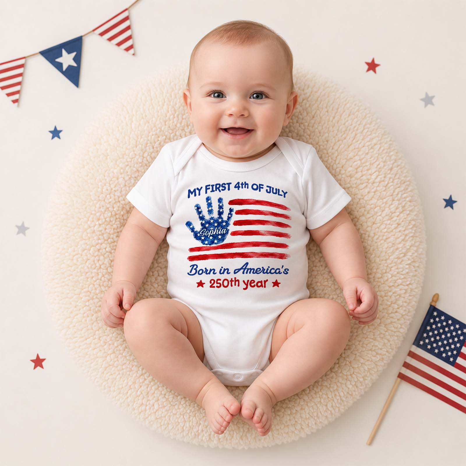 My First 4th of July Personalized Baby Onesie - Custom Name Patriotic Independence Day Bodysuit