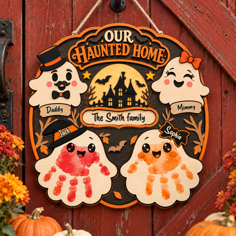 Personalized Halloween Family Handprint Wooden Wreath – Custom Family Names & Handprints, Halloween Door Decor