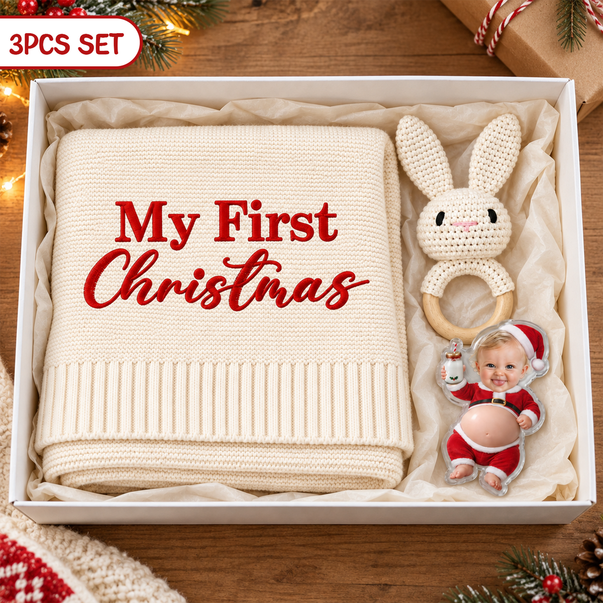Coffret cadeau personnalisé pour le premier Noël de bébé, body de Noël personnalisé, couverture lapin et souvenir