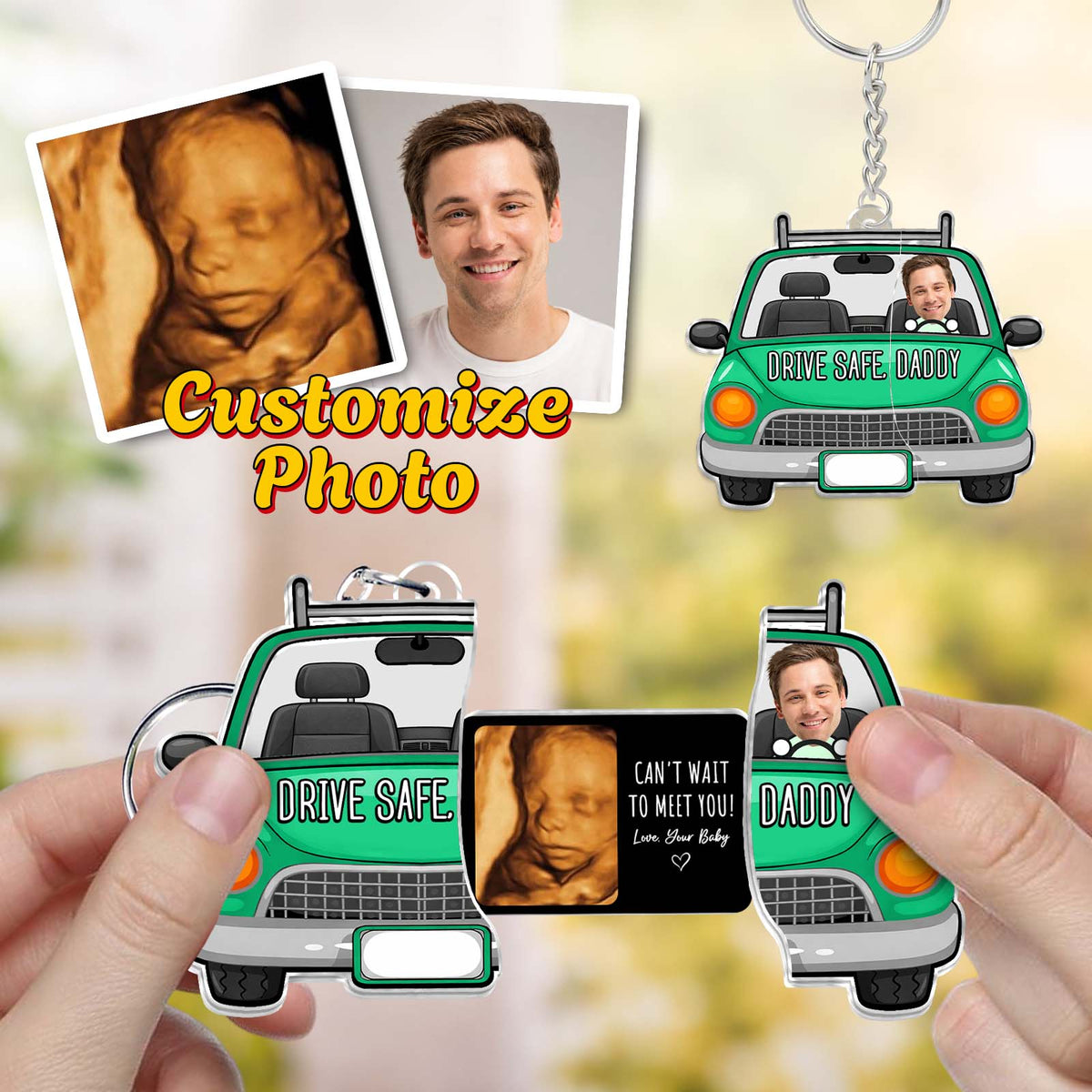 Personalized Drive Safe Daddy Ultrasound Photo Keychain-Custom Photo Car Keychain, Drive Safe Gift for Dad