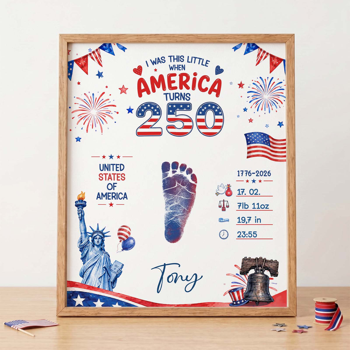 DIY Baby Footprint Art – America 250 Anniversary Edition, Personalized Birth Details Keepsake, Nursery Decor Gift for Mom & Dad