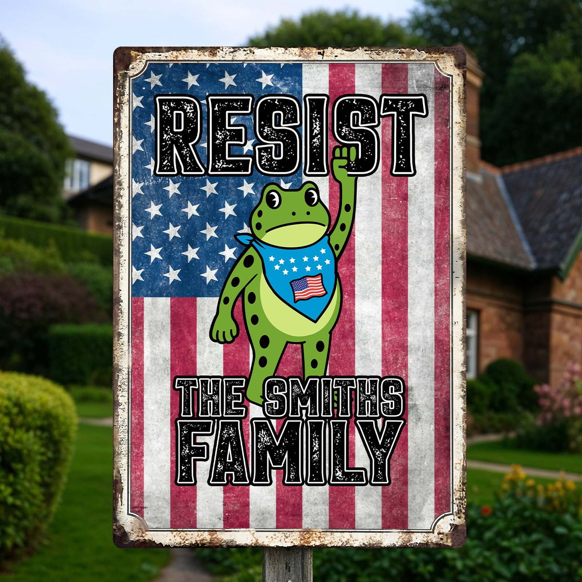 Personalized patriotic metal sign featuring a frog with the American flag for family decor