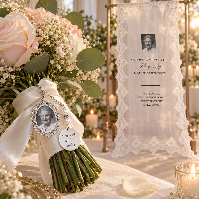 Personalized Wedding Memorial Decor, Custom Photo Pin & Lace Yarn Hanging