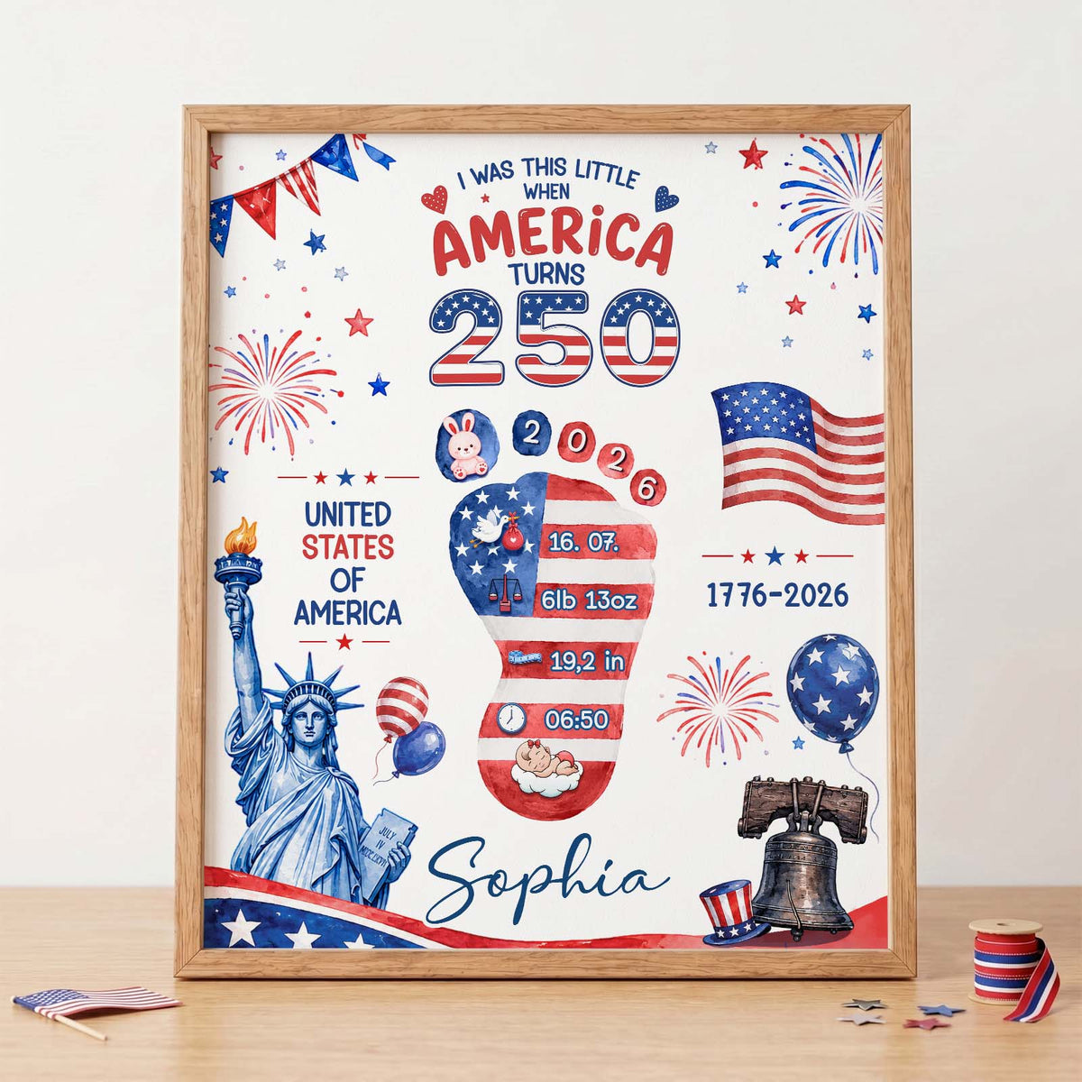Personalized Baby Footprint Art – America 250 Anniversary Edition, Custom Birth Stats Nursery Decor