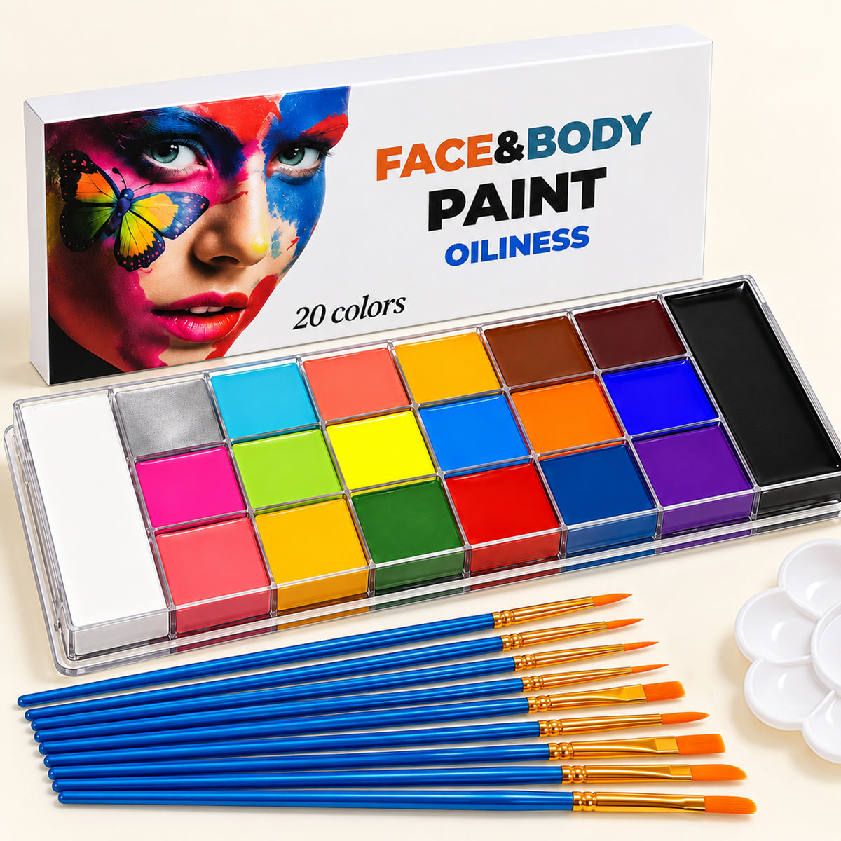20 Colors Professional Face and Body Oil Paint Set - Washable Body Painting Makeup Palette with Brushes for Halloween, Cosplay, Party & Kids