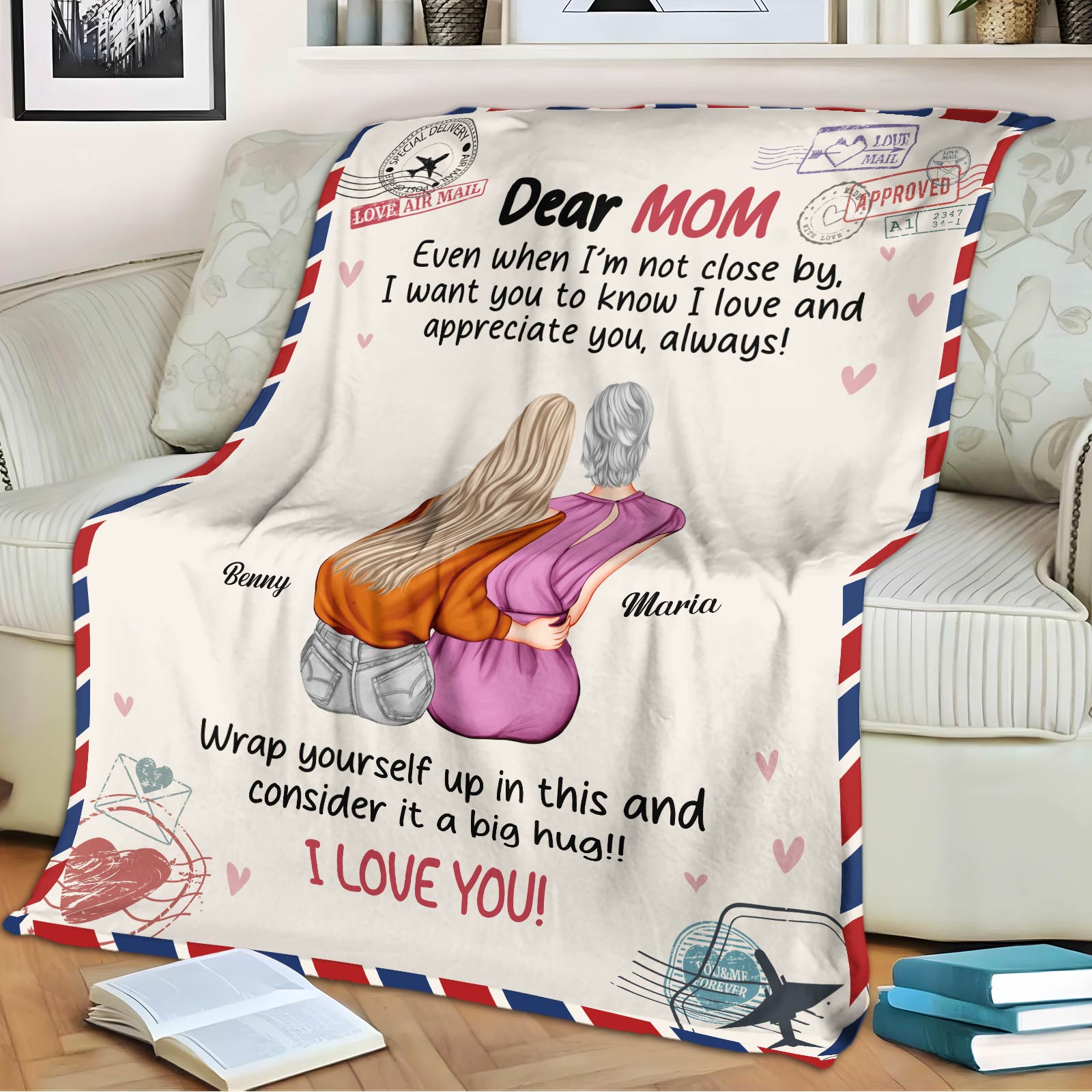 Personalized mom blanket featuring a heartfelt message and illustration of a mother-daughter embrace