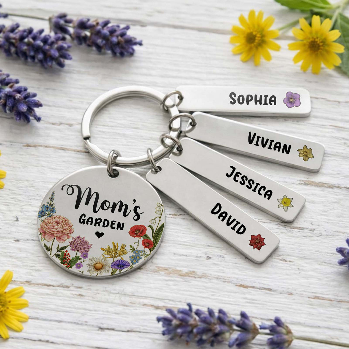 Personalized Mom’s Garden Stainless Steel Keychain – Custom Birth Flower Gift for Mom