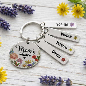 Personalized Mom’s Garden Stainless Steel Keychain – Custom Birth Flower Gift for Mom