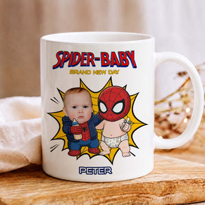 Personalized Spider Baby Mug – Custom Baby Face Superhero Coffee Mug, Funny Baby Keepsake Gift