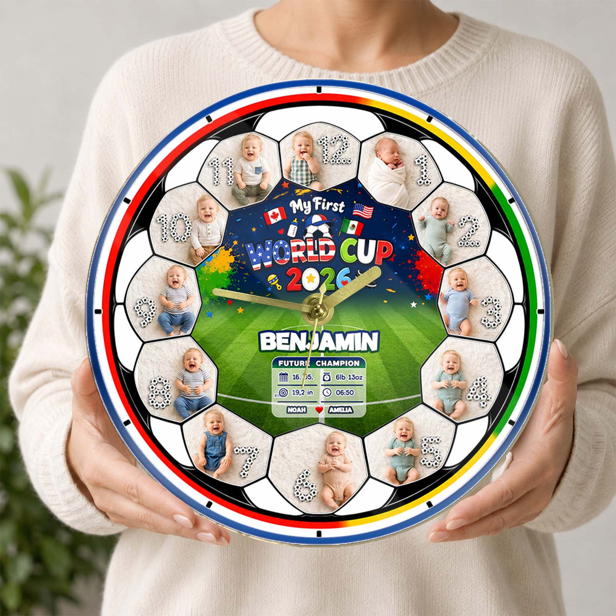 My First World Cup 2026 Baby Clock – Personalized First Year Milestone Keepsake, Custom Baby Photo Soccer Nursery Decor