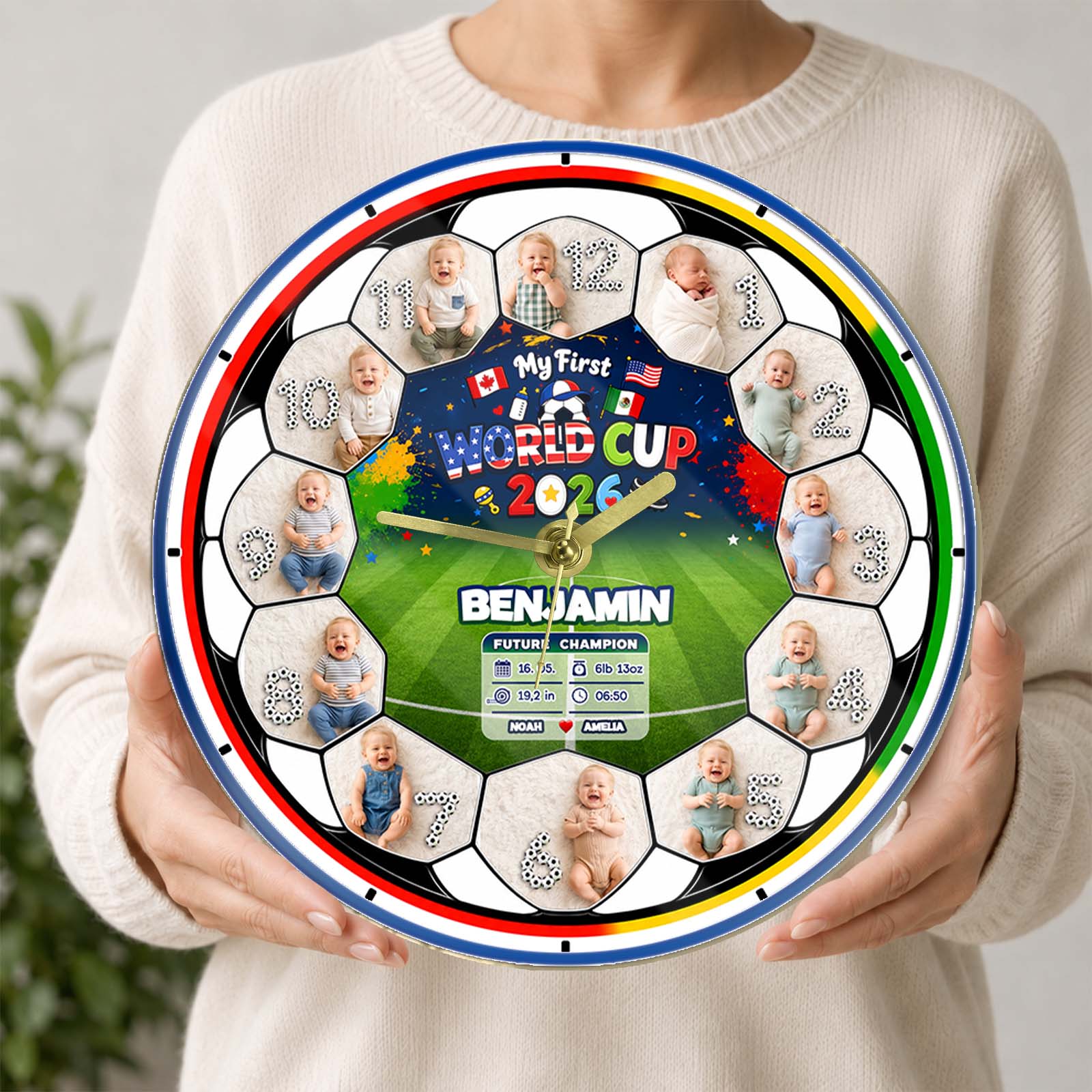 My First World Cup 2026 Baby Clock – Personalized First Year Milestone Keepsake, Custom Baby Photo Soccer Nursery Decor