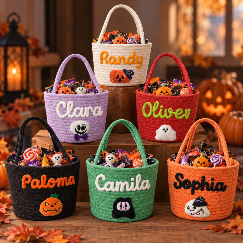 Personalized Handheld Round Basket, Custom Name Halloween Candy Basket