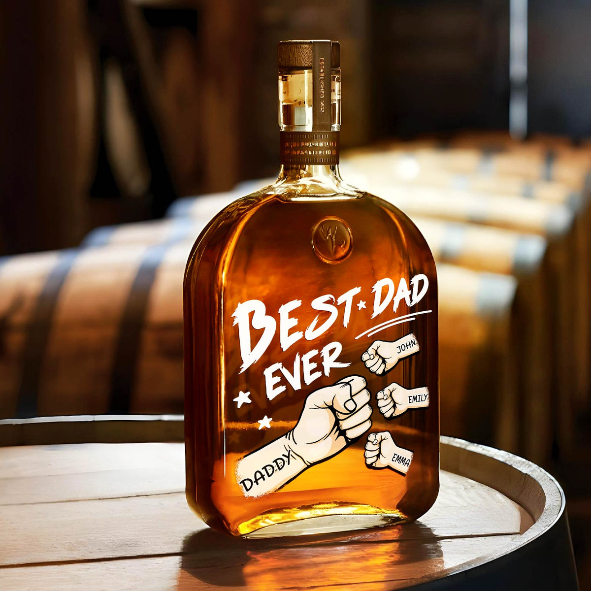 Personalized Fist Bump “Best Dad Ever” Whiskey Bottle – Custom Kids Names