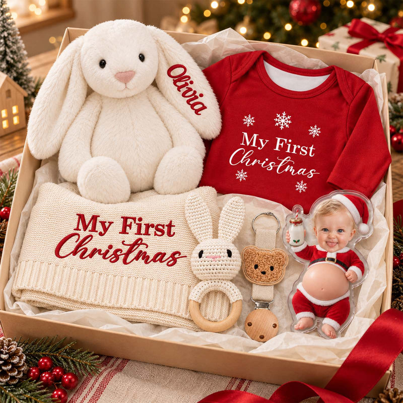 Personalized Baby’s First Christmas Gift Set, Custom Christmas Bodysuit, Bunny & Keepsake Blanket