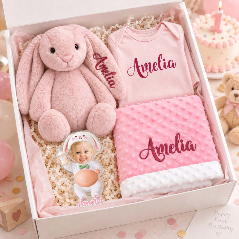 Personalized Newborn Gift Set, Custom Baby Bodysuit, Blanket & Plush Rabbit