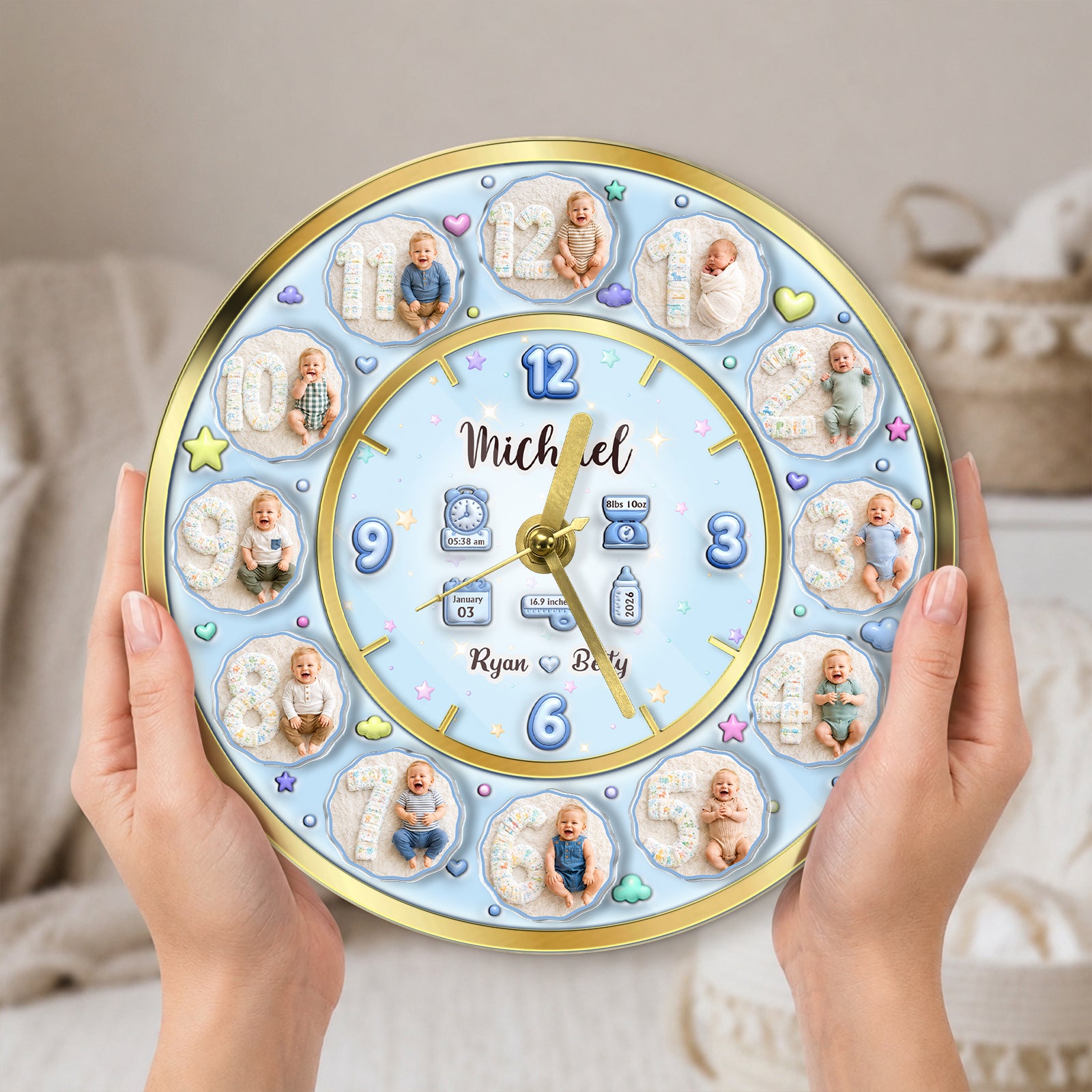 3D Acrylic Baby Clock - Custom Photo Baby Clock, Personalized Baby Milestone Keepsake Gift for Nursery, Birthday, Baby Shower &amp; Newborn Celebration