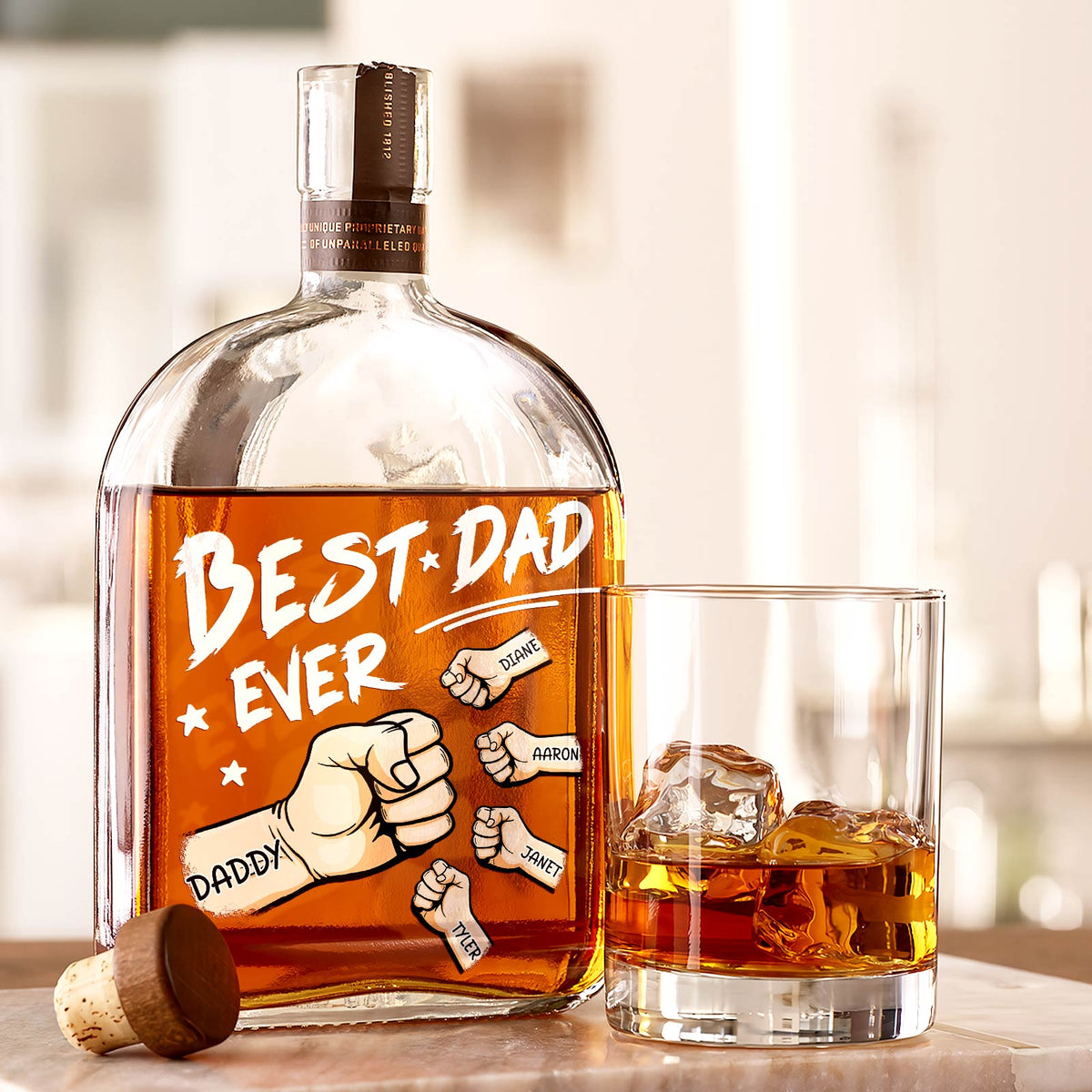 Personalized Fist Bump “Best Dad Ever” Whiskey Bottle – Custom Kids Names