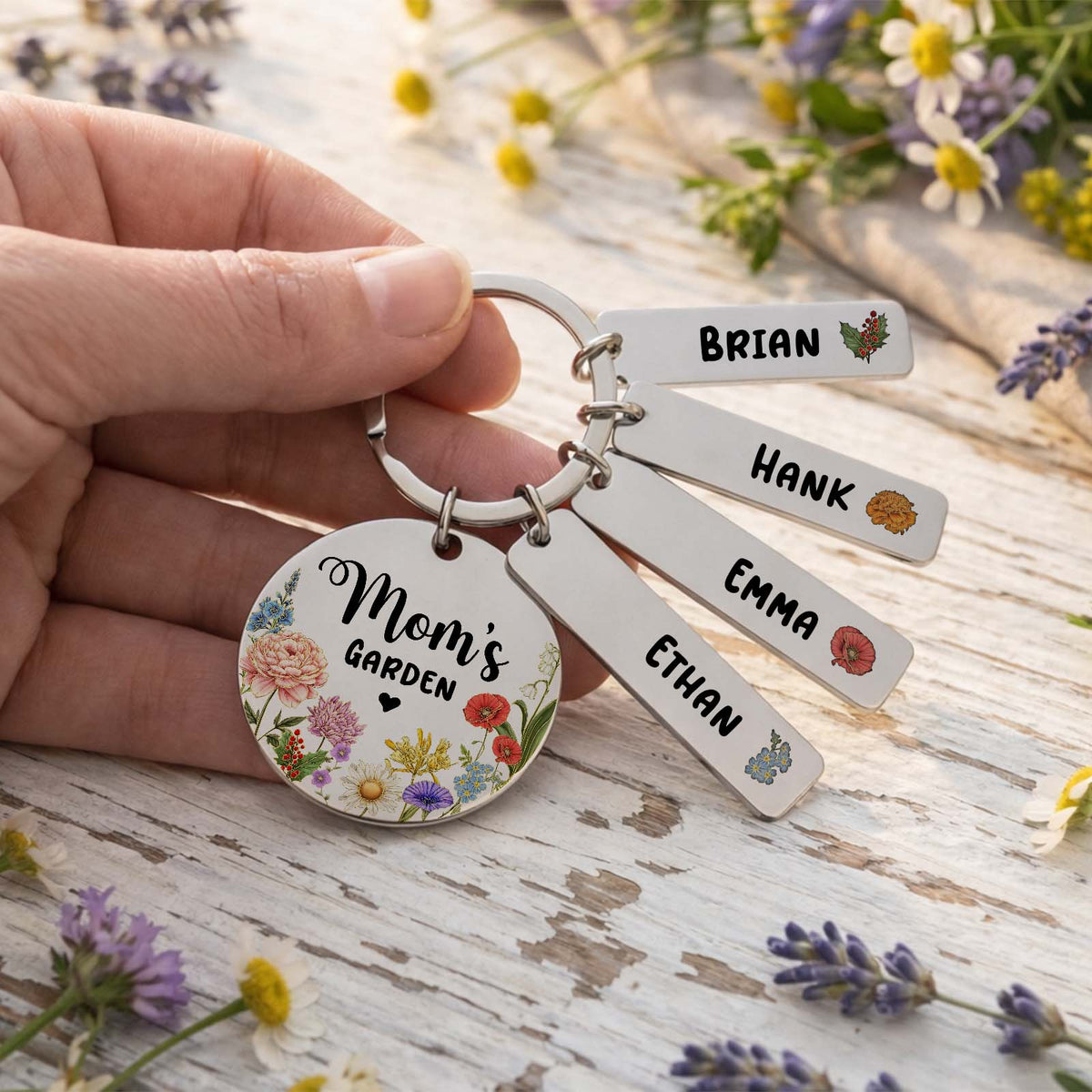 Personalized Mom’s Garden Stainless Steel Keychain – Custom Birth Flower Gift for Mom