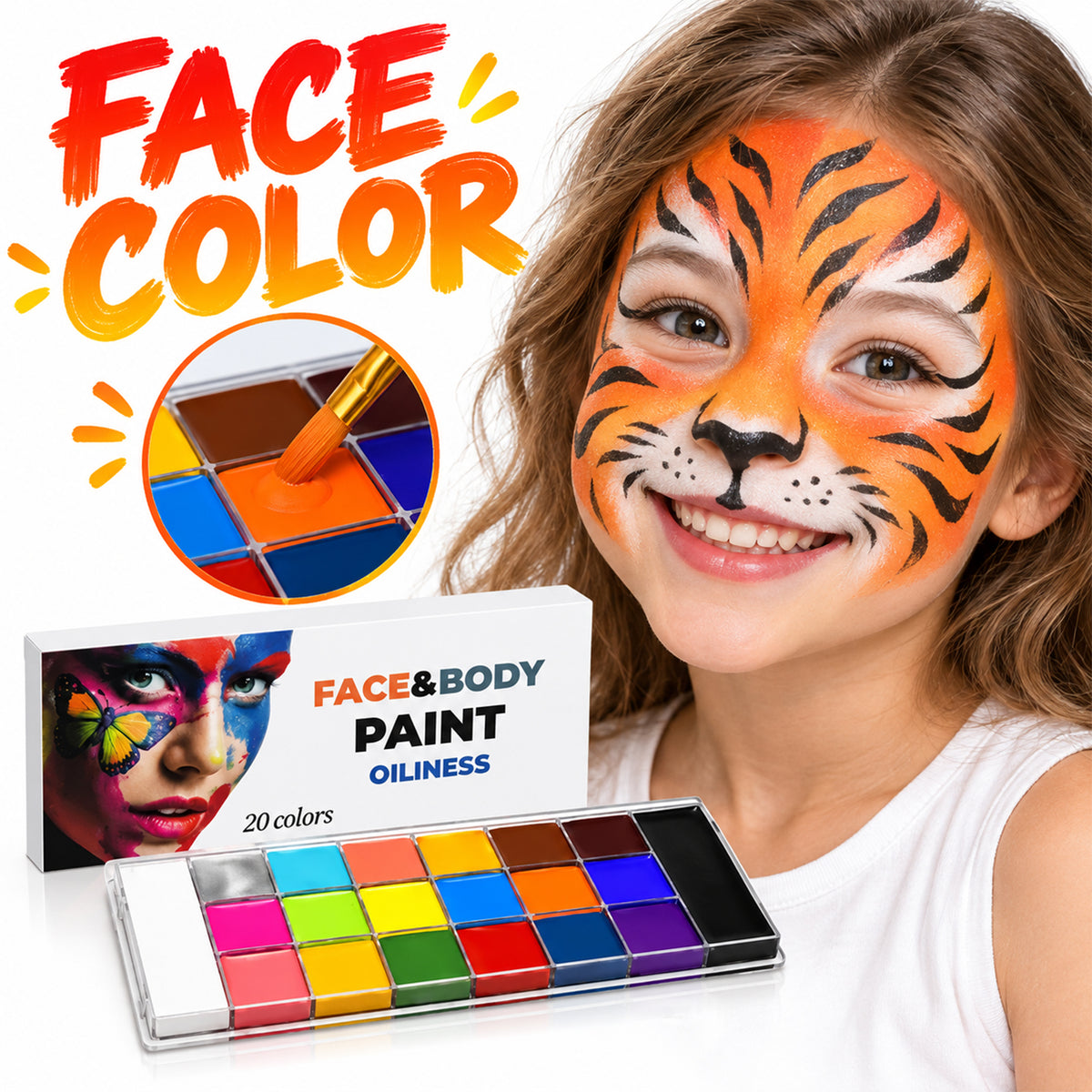 20 Colors Professional Face and Body Oil Paint Set - Washable Body Painting Makeup Palette with Brushes for Halloween, Cosplay, Party & Kids