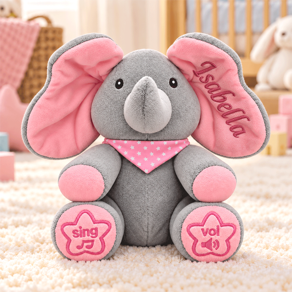 Personalized Peek-a-Boo Elephant Plush Toy, Interactive Stuffed Animal with Custom Name