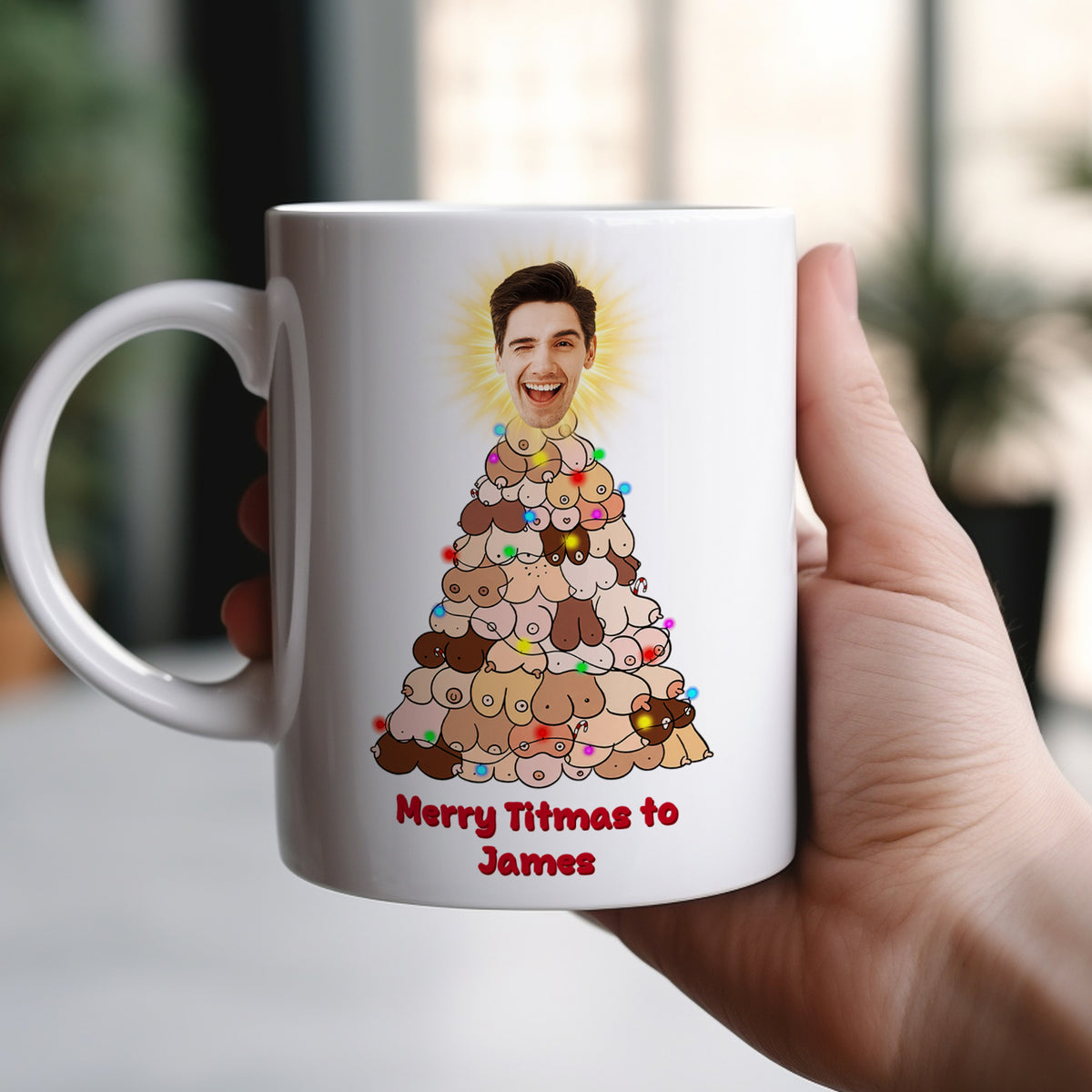 Mug de Noël en céramique personnalisé, visage et texte personnalisés, cadeau amusant pour les fêtes
