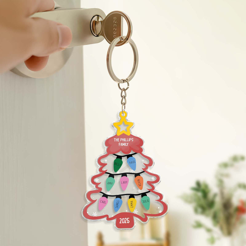 Personalized Christmas keychain shaped like a tree with family names and colorful ornaments