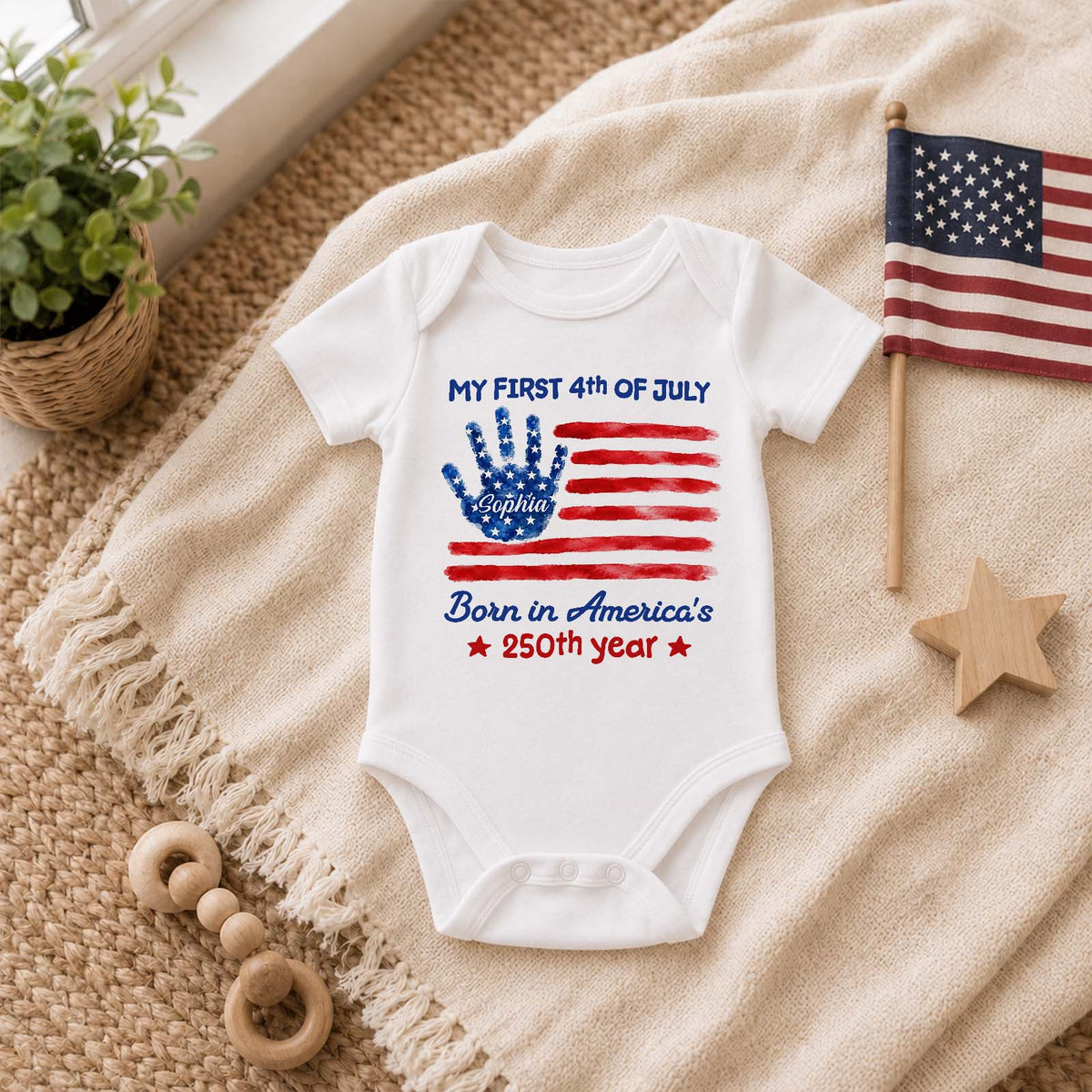 My First 4th of July Personalized Baby Onesie - Custom Name Patriotic Independence Day Bodysuit