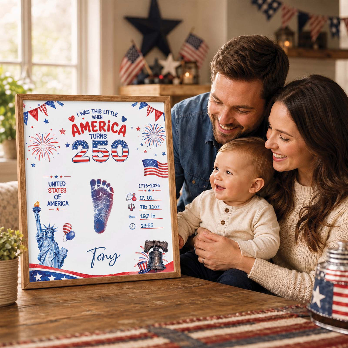 DIY Baby Footprint Art – America 250 Anniversary Edition, Personalized Birth Details Keepsake, Nursery Decor Gift for Mom & Dad