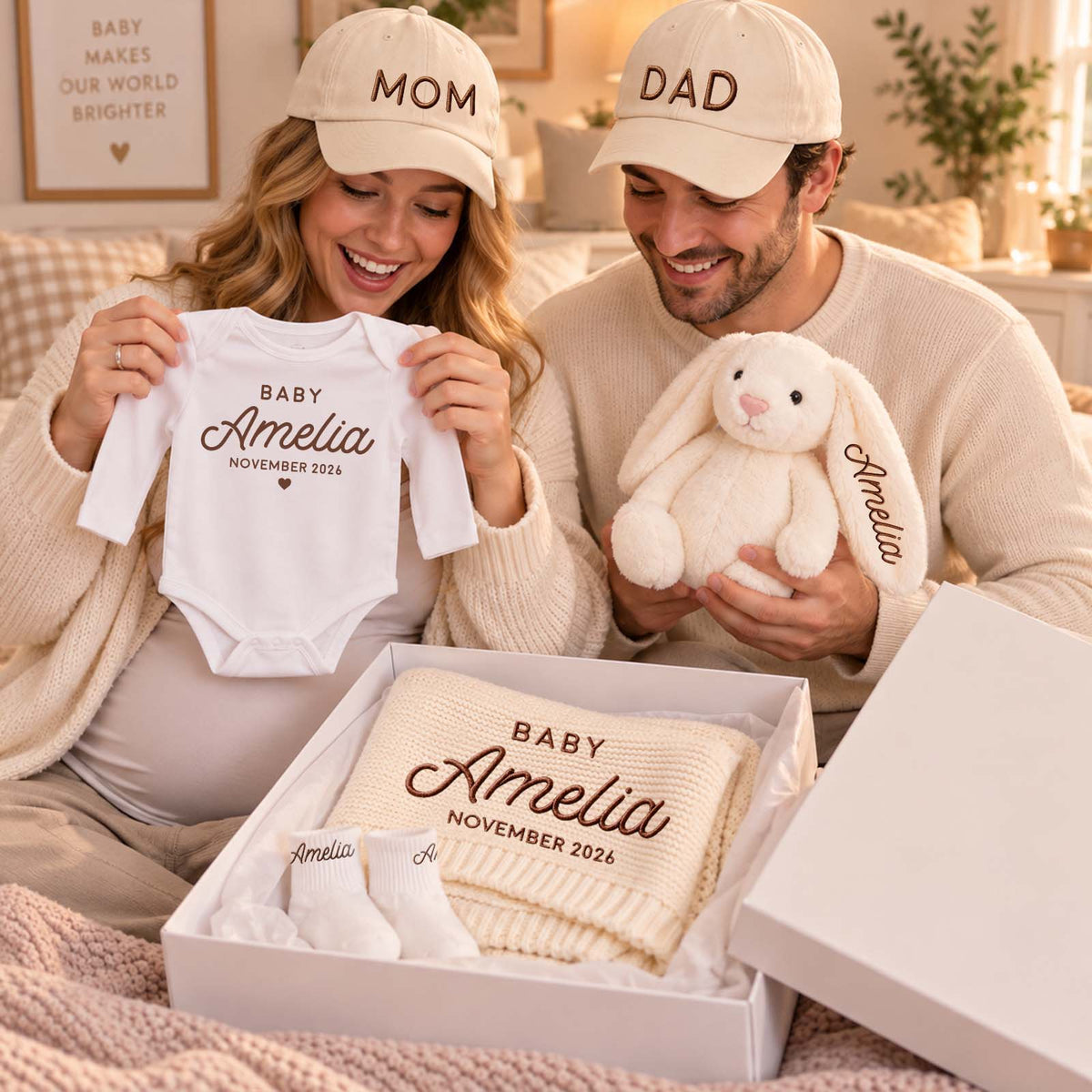 Personalized Baby Shower Gift Set, Custom Baby Bodysuit, Blanket & Mom Dad Hats