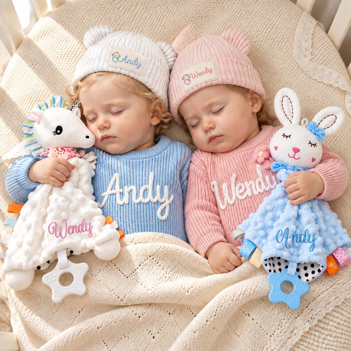 Personalized Baby Gift Set - Custom Name Knit Sweater, Bear Beanie Hat & Animal Lovey Blanket