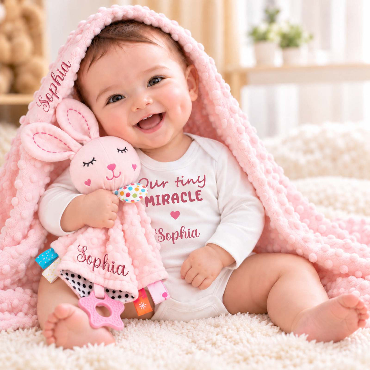 Personalized Baby Gift Set, Custom Baby Bodysuit, Bunny Lovey & Minky Blanket