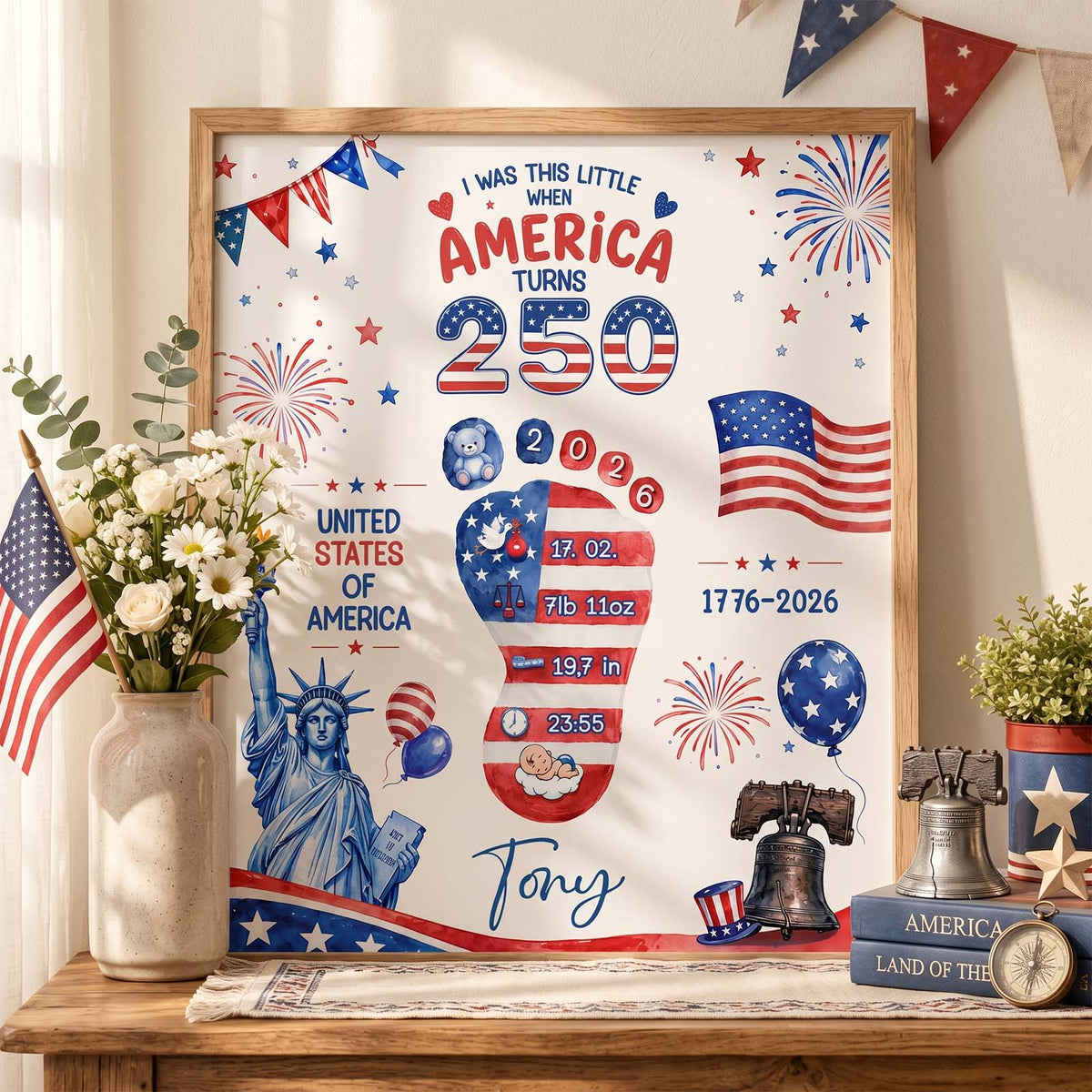 Personalized Baby Footprint Art – America 250 Anniversary Edition, Custom Birth Stats Nursery Decor