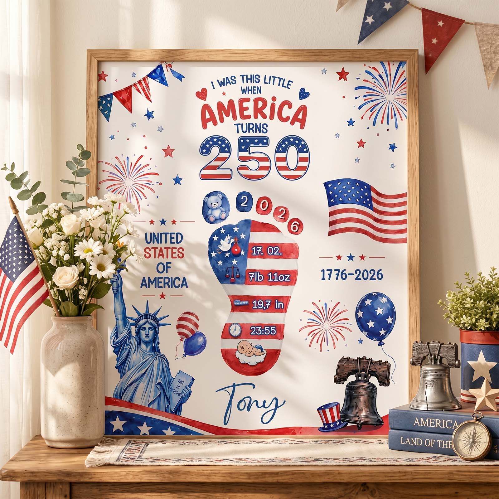 Personalized Baby Footprint Art – America 250 Anniversary Edition, Custom Birth Stats Nursery Decor