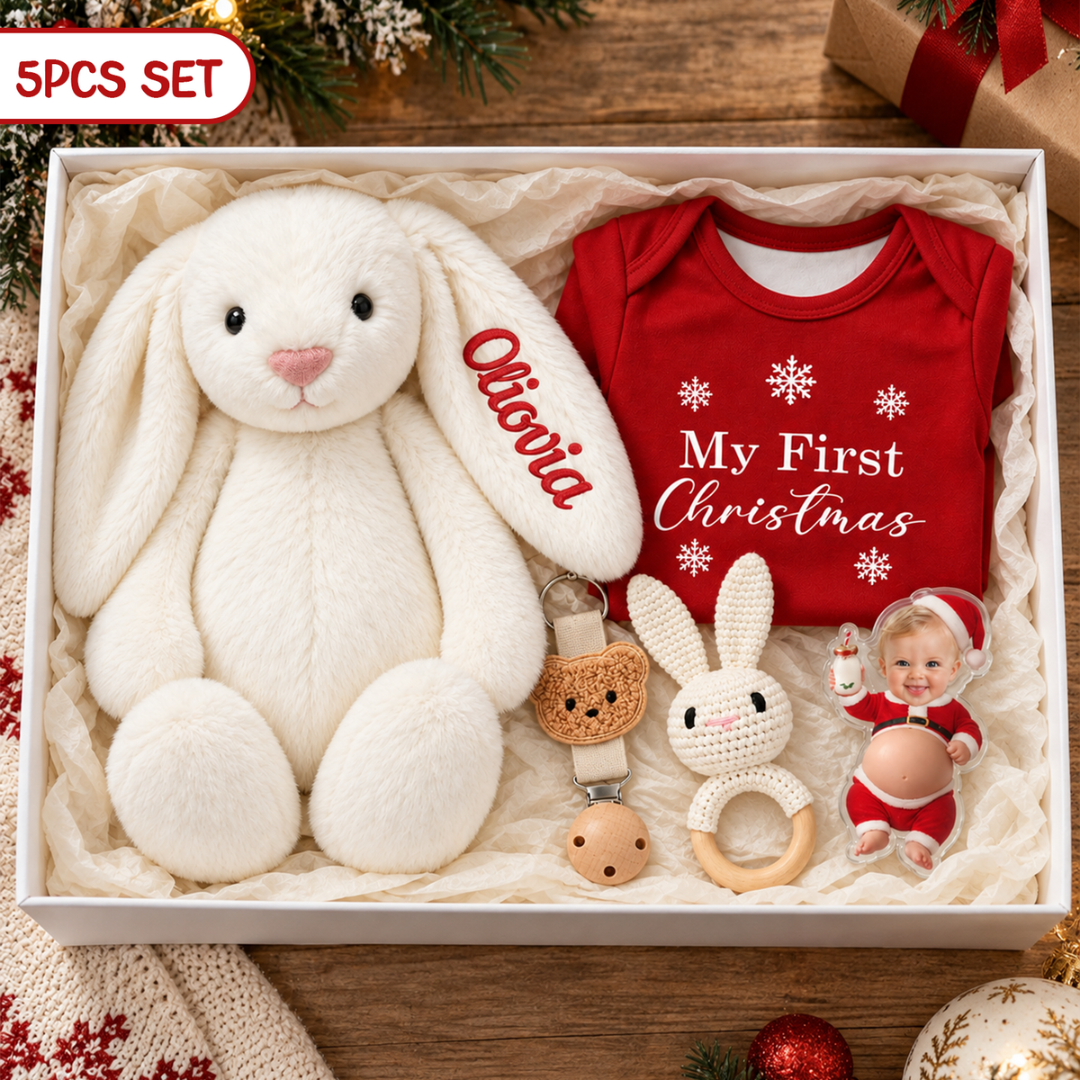 Coffret cadeau personnalisé pour le premier Noël de bébé, body de Noël personnalisé, couverture lapin et souvenir