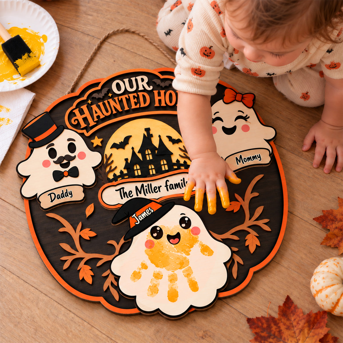 Personalized Halloween Family Handprint Wooden Wreath – Custom Family Names & Handprints, Halloween Door Decor