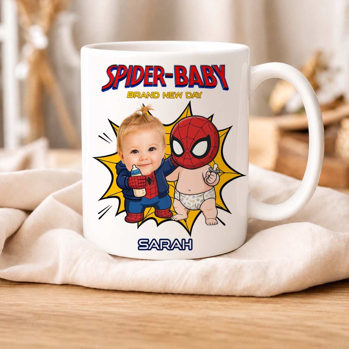 Personalized Spider Baby Mug – Custom Baby Face Superhero Coffee Mug, Funny Baby Keepsake Gift