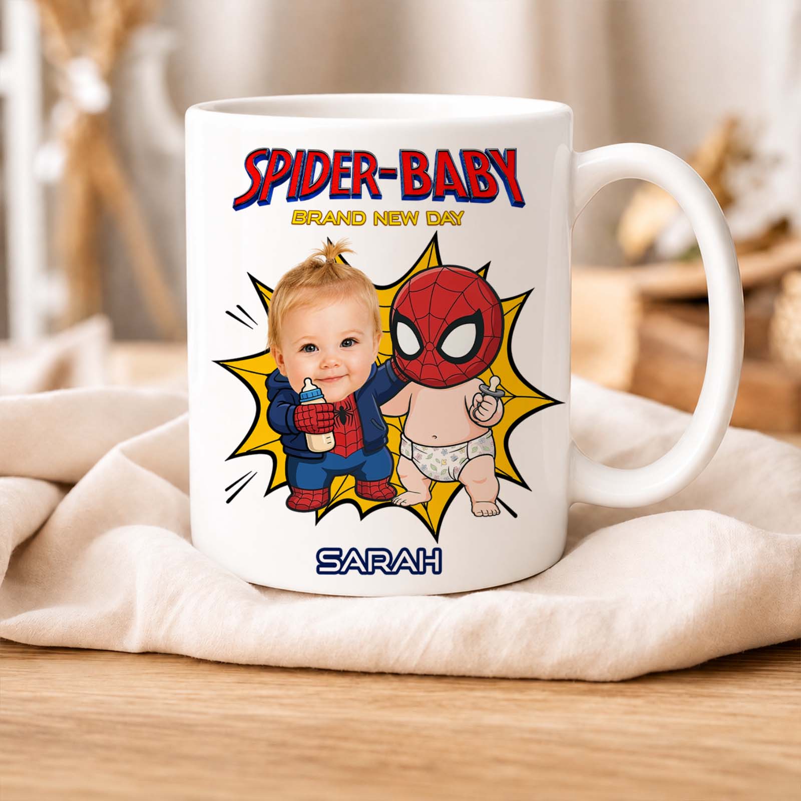 Personalized Spider Baby Mug – Custom Baby Face Superhero Coffee Mug, Funny Baby Keepsake Gift