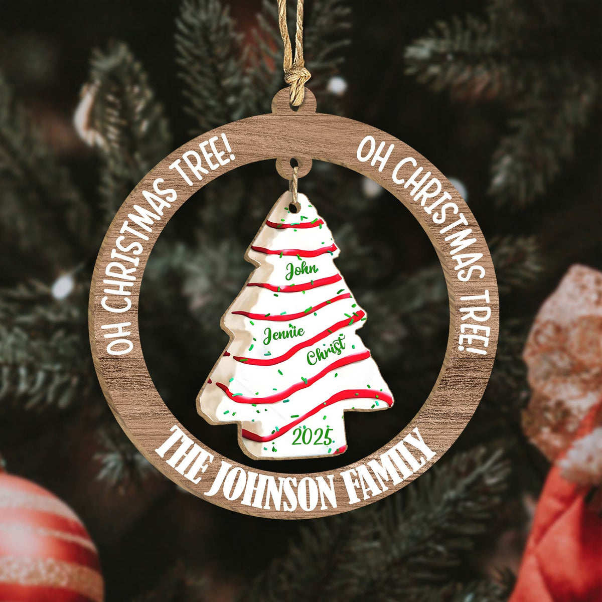 Personalized family Christmas ornament featuring a tree design with names and the year 2025
