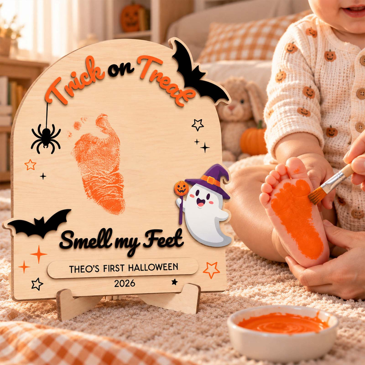 Personalized First Halloween Keepsake Wooden Sign, Custom Baby Halloween Footprint Decor