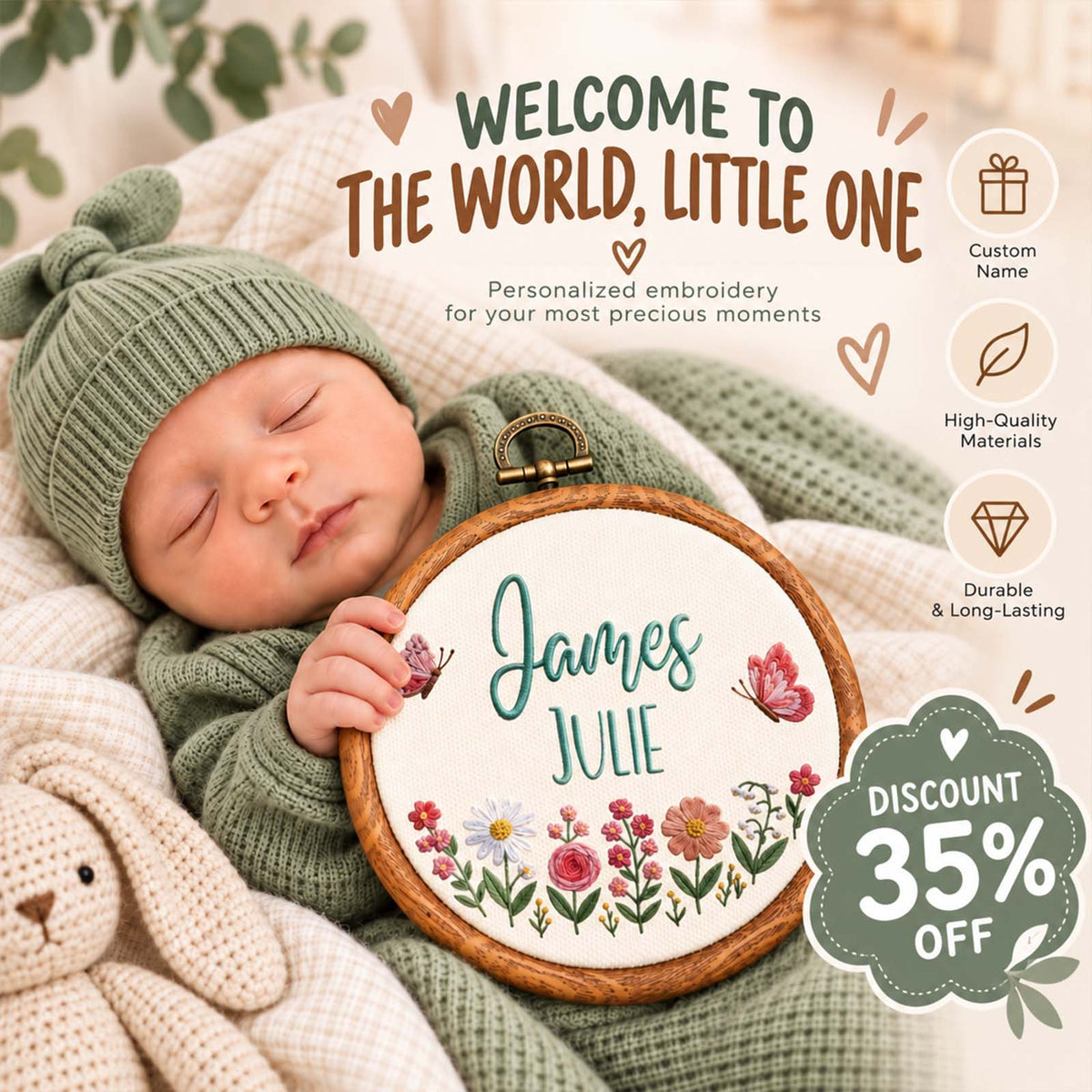Personalized Embroidered Baby Announcement Sign, Custom Name Nursery Keepsake
