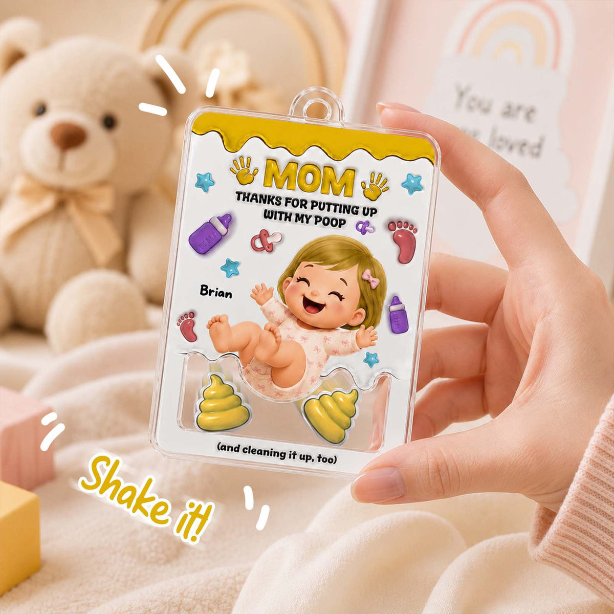Personalized "Thanks for Putting Up With My Poop" Shaker Keychain – Custom Baby Gift for Mom & Dad