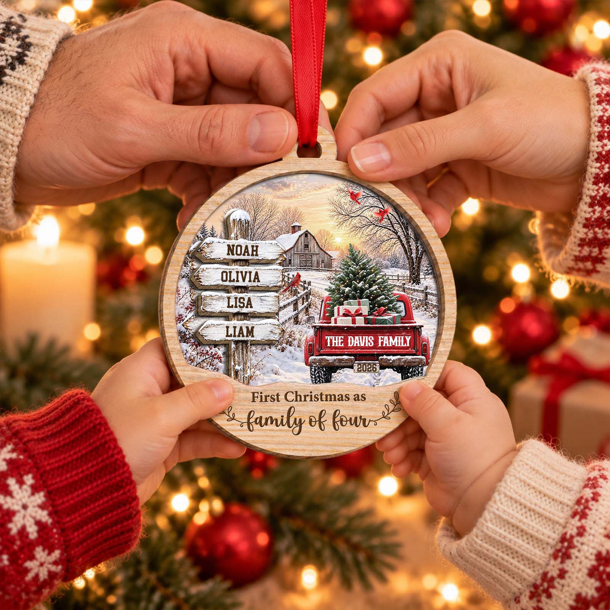 Personalized Family Names Christmas Ornament – Custom Family Name & Member Names, Rustic Wooden Holiday Keepsake